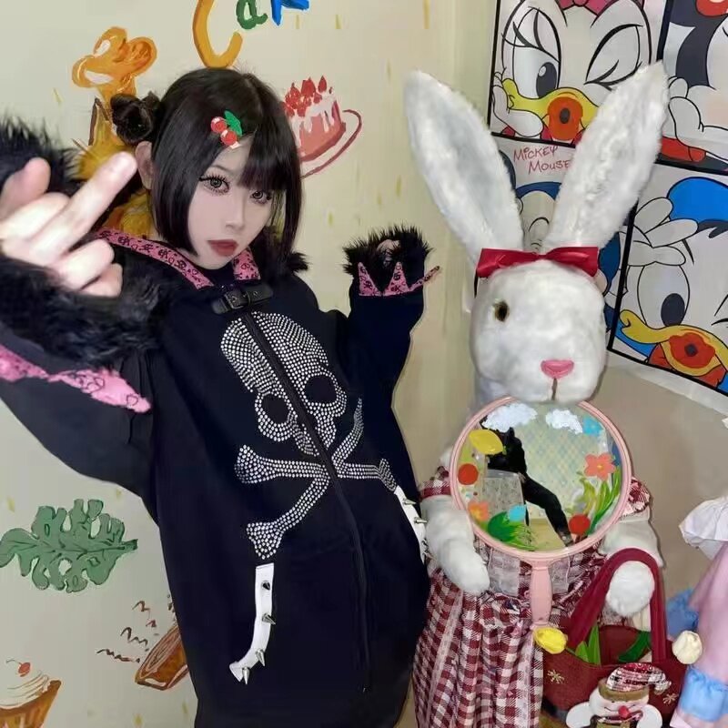 y2k千禧辣妹朋克暗黑亚文化烫钻骷髅开衫外套卫衣