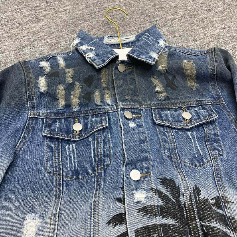 欧美潮牌高街amiri风格椰树牛仔外套渲染印花夹克