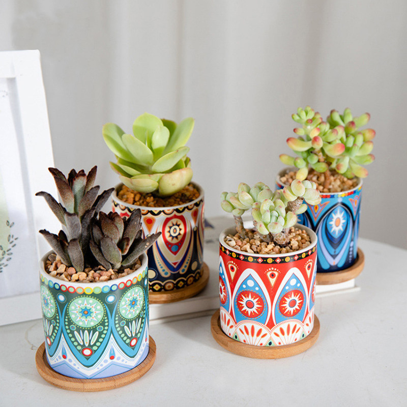 彩色陶瓷花盆小号北欧风格美式装饰花纹复古花盆