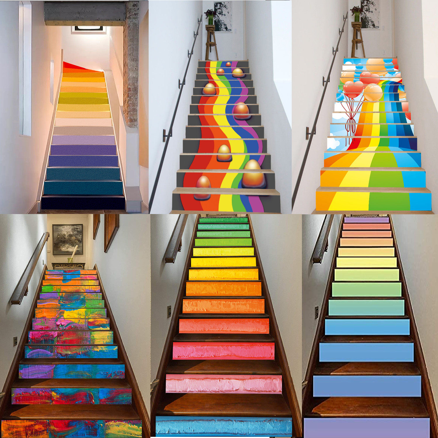 楼梯3d七色彩虹幼儿园贴自粘墙贴水水泥台阶翻新软装墙贴