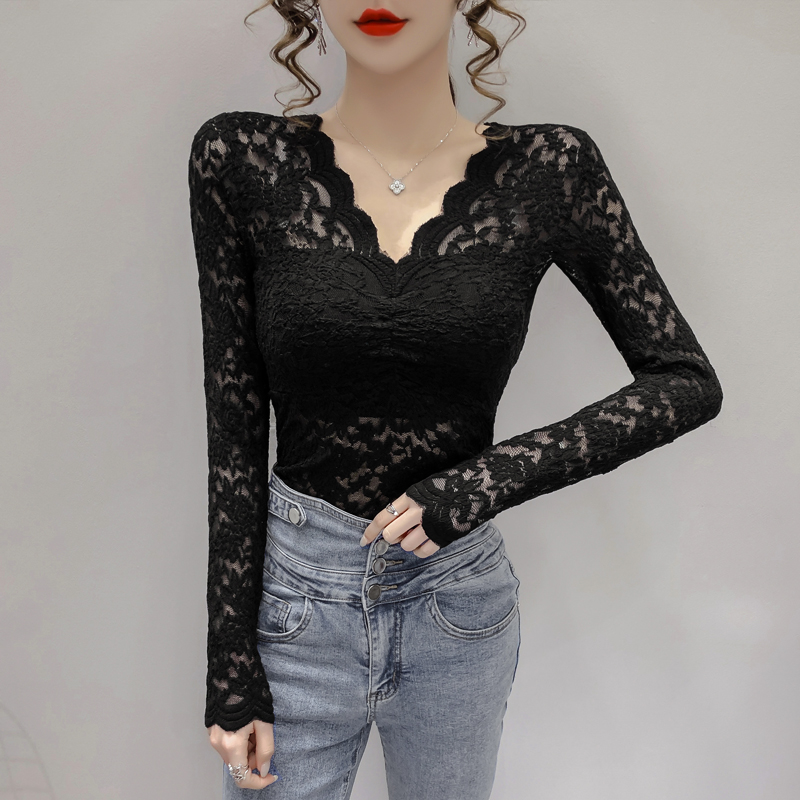 v领蕾丝打底衫女2022秋冬新款性感镂空网纱洋气小衫内搭长袖上衣