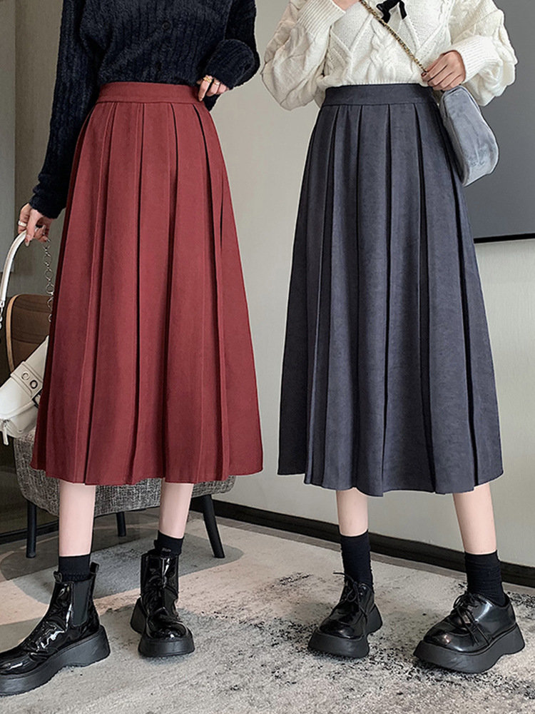 中长款百褶裙女秋冬2022新款chic复古高腰显瘦百搭气质a字半身裙