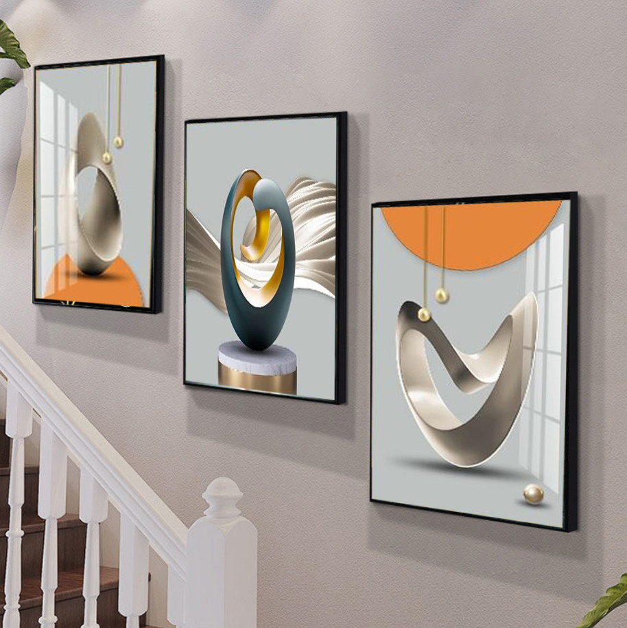 复式楼梯口装饰画现代楼道三联晶瓷挂画北欧几何现代装饰画