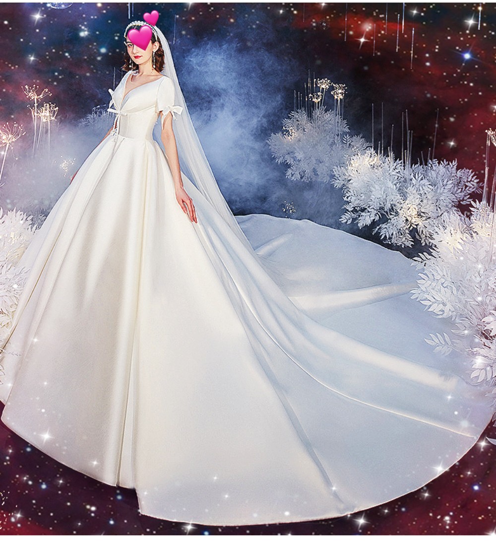 法式缎面主婚婚纱2020新款复古新娘赫本风拖尾婚纱