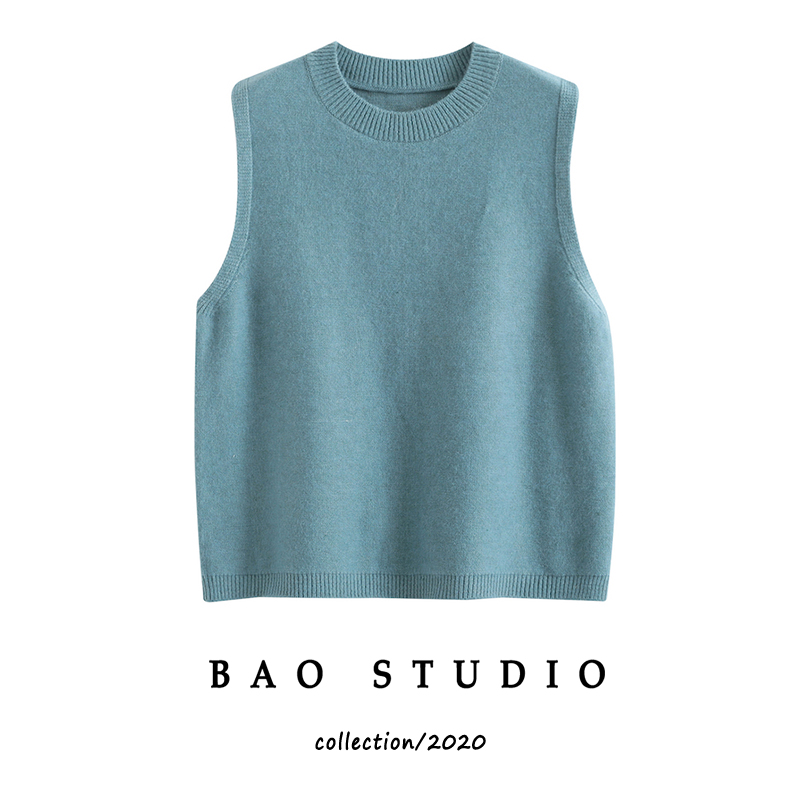 BAO STUDIO秋季圆领后背开叉针织背心女新款百搭净色无袖马甲