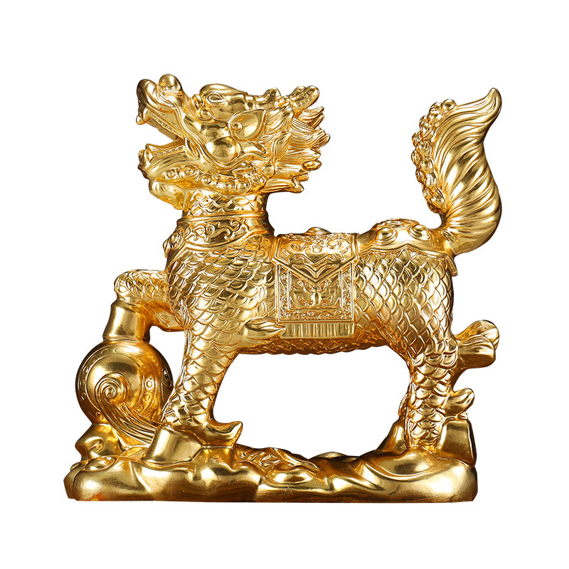 24k真金贴金纯铜麒麟摆件一对招财房间卧室摆件
