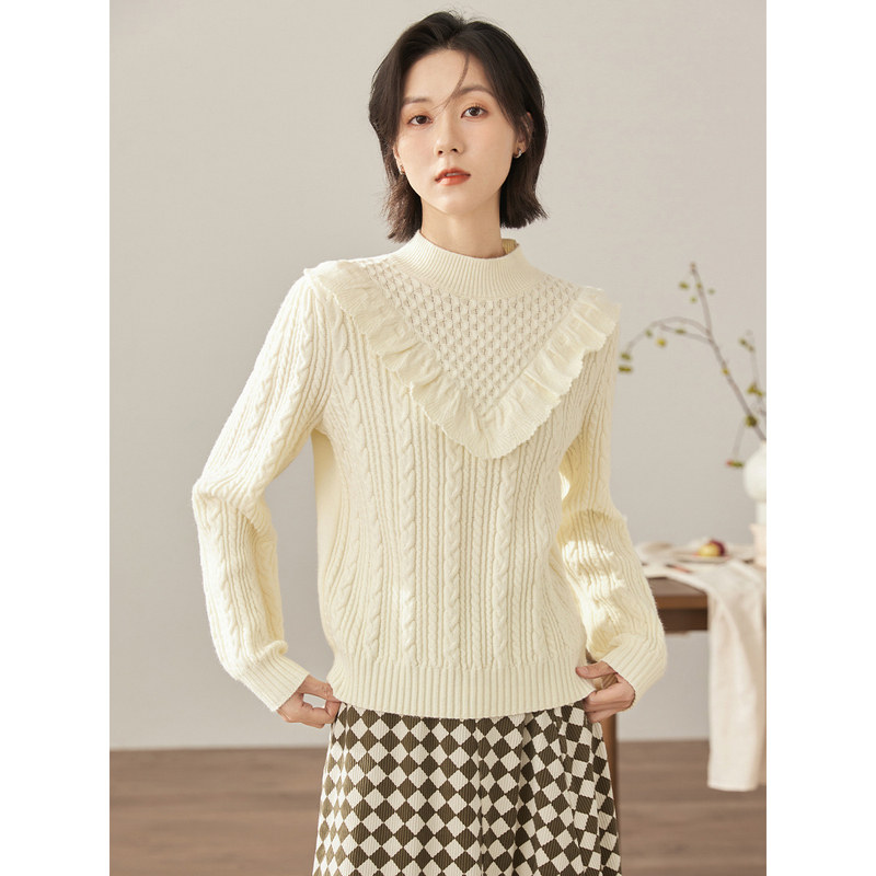 茵曼2022女装新款扭绳搬针肌理半高高领荷叶毛衣