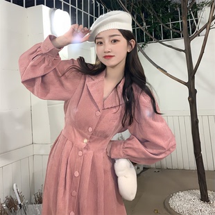 HM 新款赫本风法式白裙长袖连衣裙女收腰气质显瘦中长裙