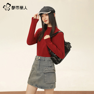 都市丽人半高领毛衣女秋季2025新款加厚显瘦内搭打底衫白色上衣A