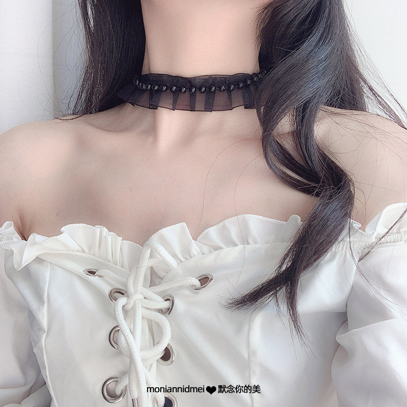 珍珠名媛公主甜美白色荷叶蕾丝简约choker少女项圈项链