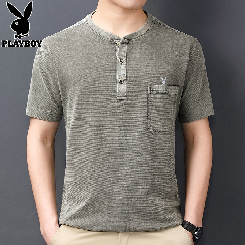 花花公子夏季新款短袖t恤男薄款宽松中年男士上衣半袖复古体恤衫