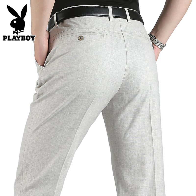 花花公子男士休闲亚麻裤夏季薄款宽松直筒长裤商务中年爸爸西裤子