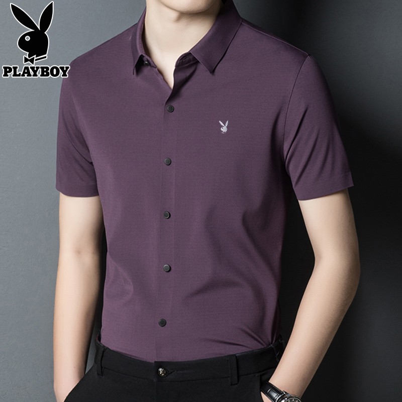 花花公子夏季高级感桑蚕丝男士短袖衬衫纯色中年爸爸装冰丝感衣服