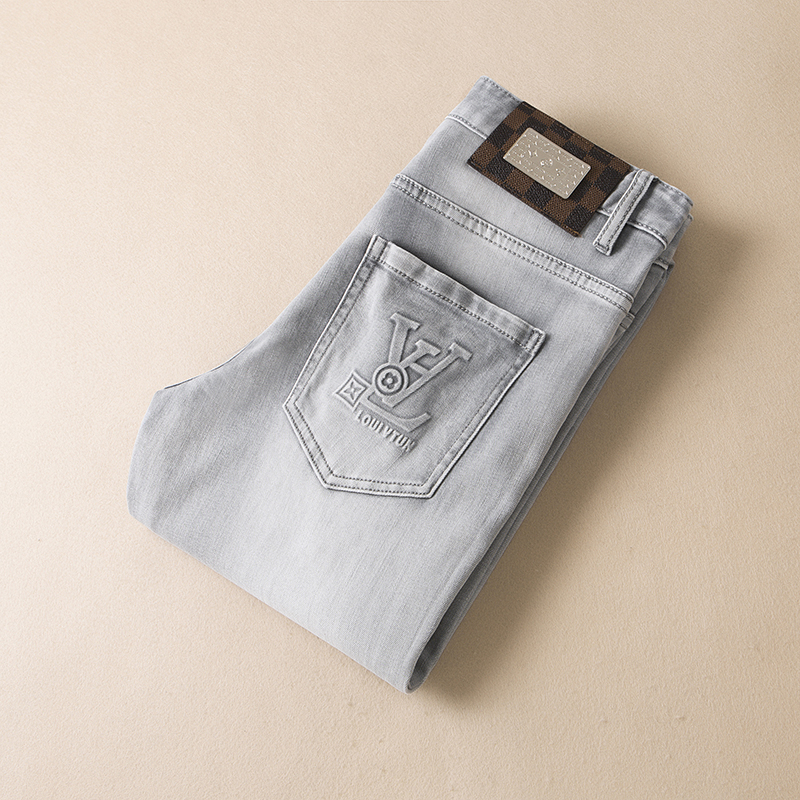 欧洲站春夏新款小脚休闲长裤浅灰色中腰修身牛仔裤男潮牌显瘦弹力