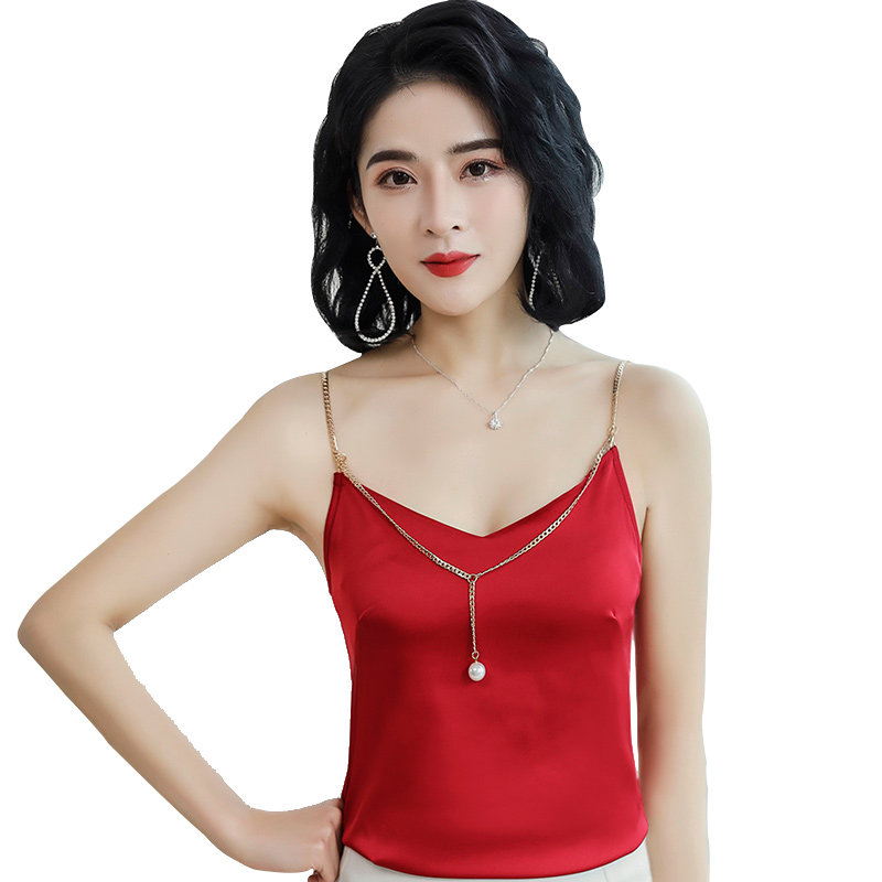 本命年红色吊带背心新年性感缎面短款露背内穿背心吊带