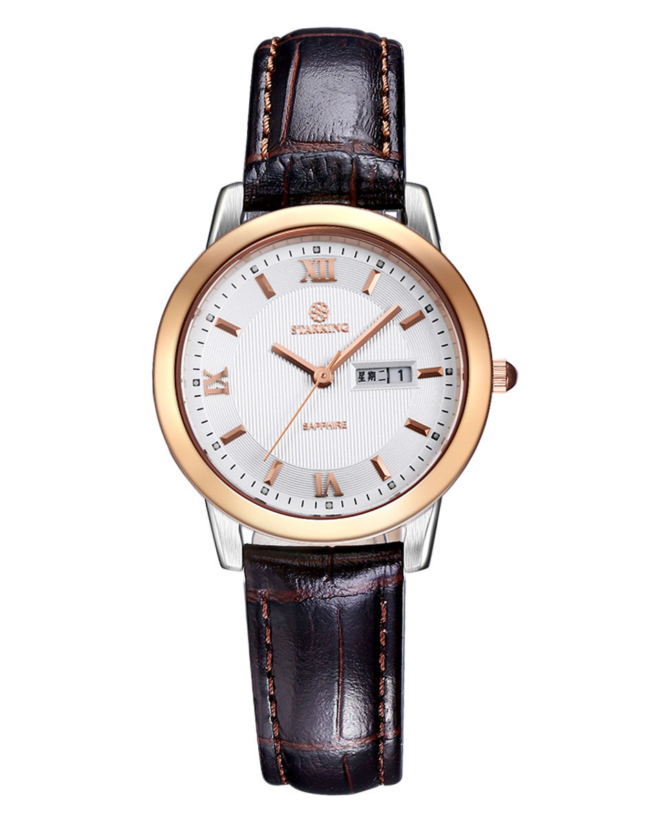 starking星皇时尚女表黑色表盘棕色皮带石英表优雅国产腕表
