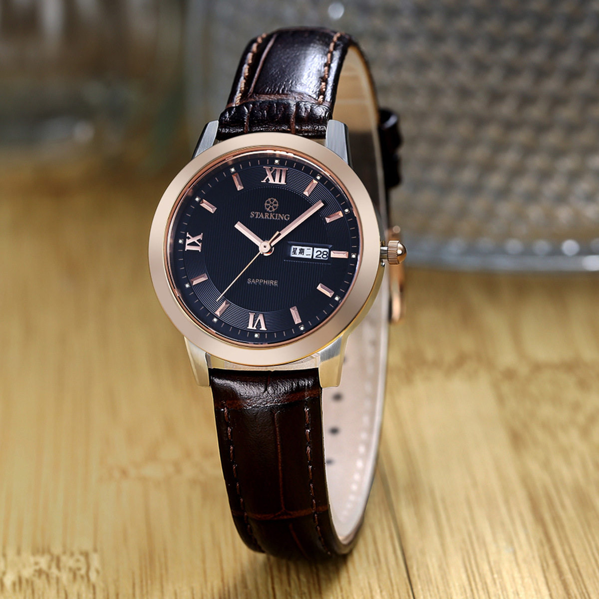 starking星皇时尚女表黑色表盘棕色皮带石英表优雅国产腕表