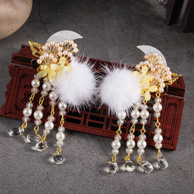 古风发夹毛球月亮边夹流苏发饰手工饰品汉服发饰