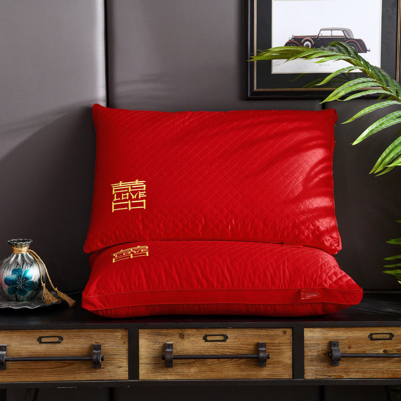喜庆结婚枕头一对全棉刺绣新婚房大红色枕芯枕头