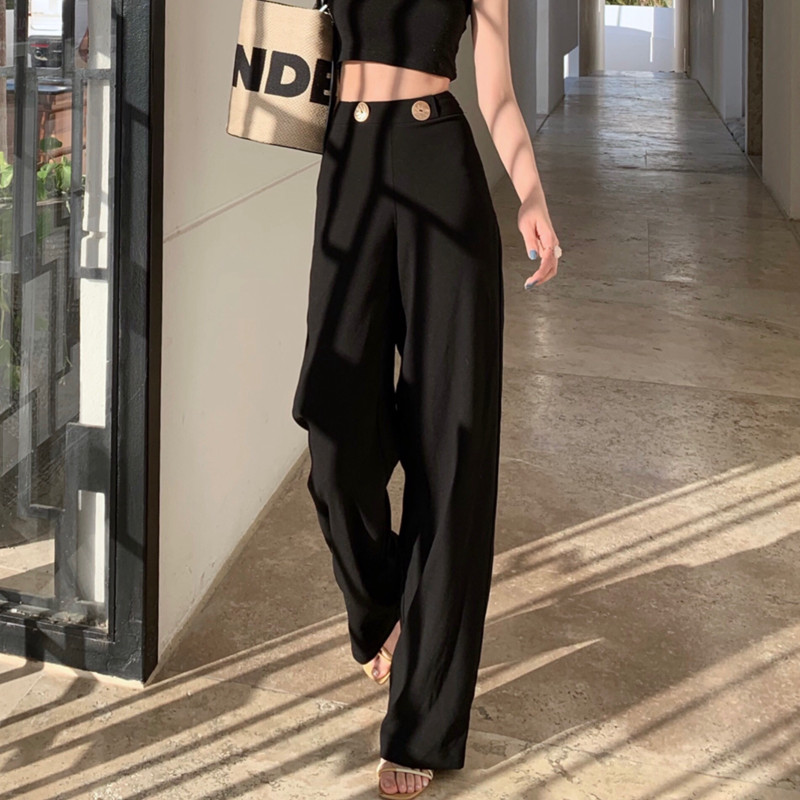 GYOKUU 夏季新款黑色定做金属扣大长腿垂坠感直筒裤阔腿裤长裤女