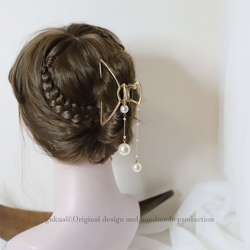 gukuali珍珠流苏抓夹大号简约女发发饰气质发饰
