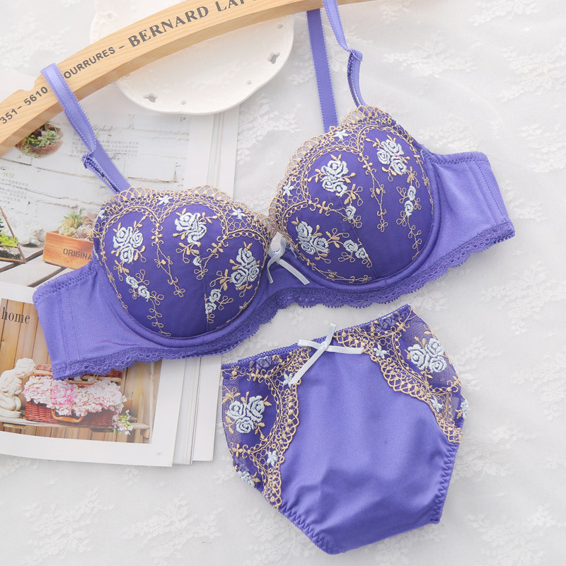 外贸日单甜美刺绣花上薄下透气舒适女士内衣性感文胸套装