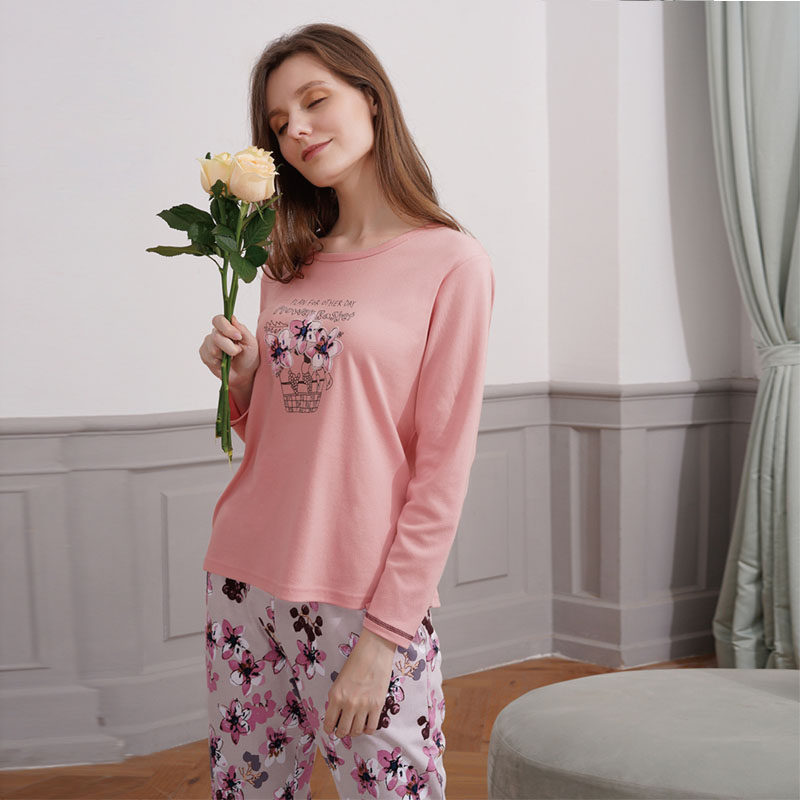 富妮来2020秋冬舒适简约长裤长袖亲肤女款纯棉睡衣