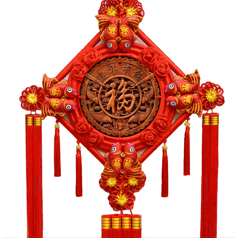 仿古家居中国结挂件客厅大号福东阳香樟木雕刻菱形玄关壁挂中式