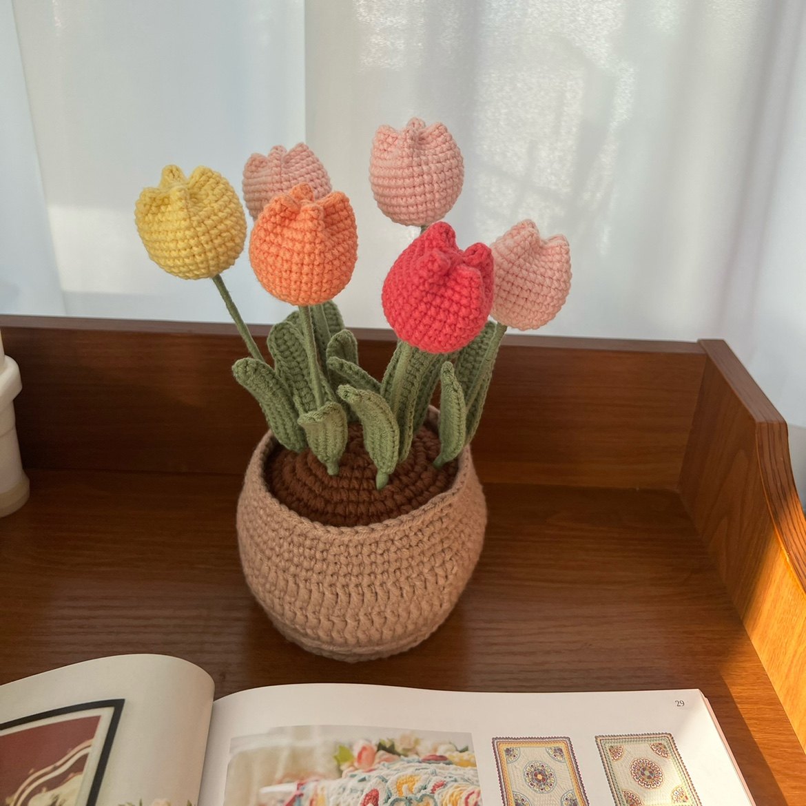 毛线盆栽手工编织成品钩织大盆郁金香自制居家毛线
