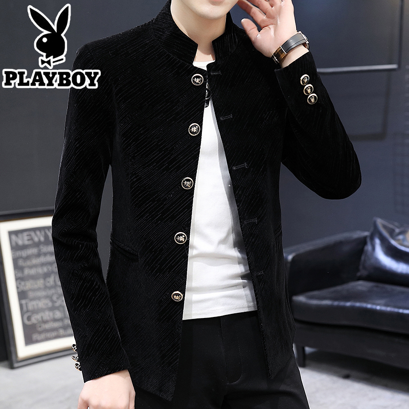 花花公子春秋季立领西服男韩版修身平绒中山装西装男士单排扣外套