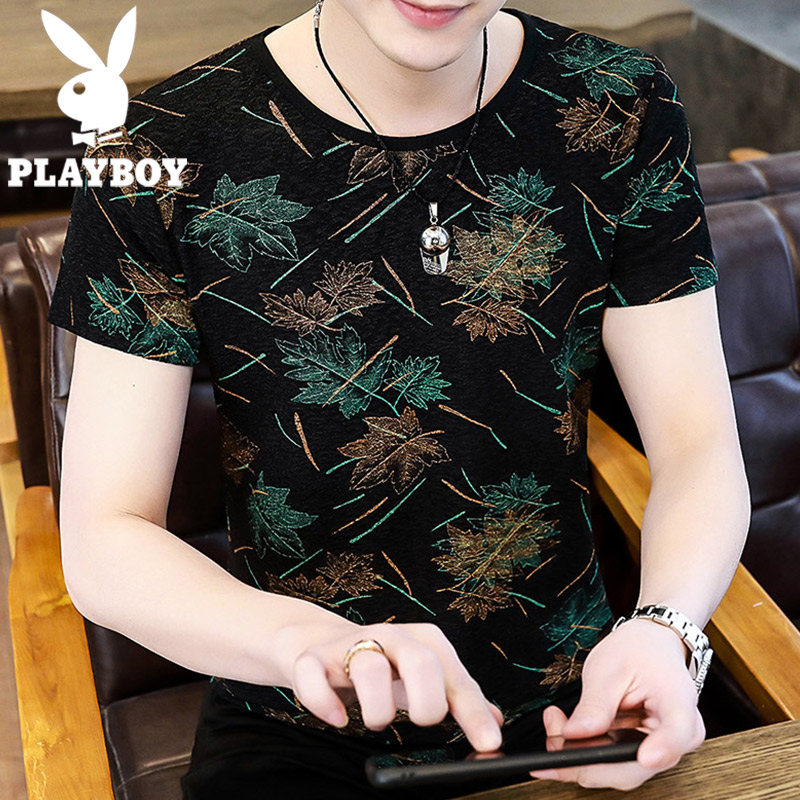 花花公子夏季新款男士短袖T恤冰丝修身夏装体恤衫青年痞帅半袖男t