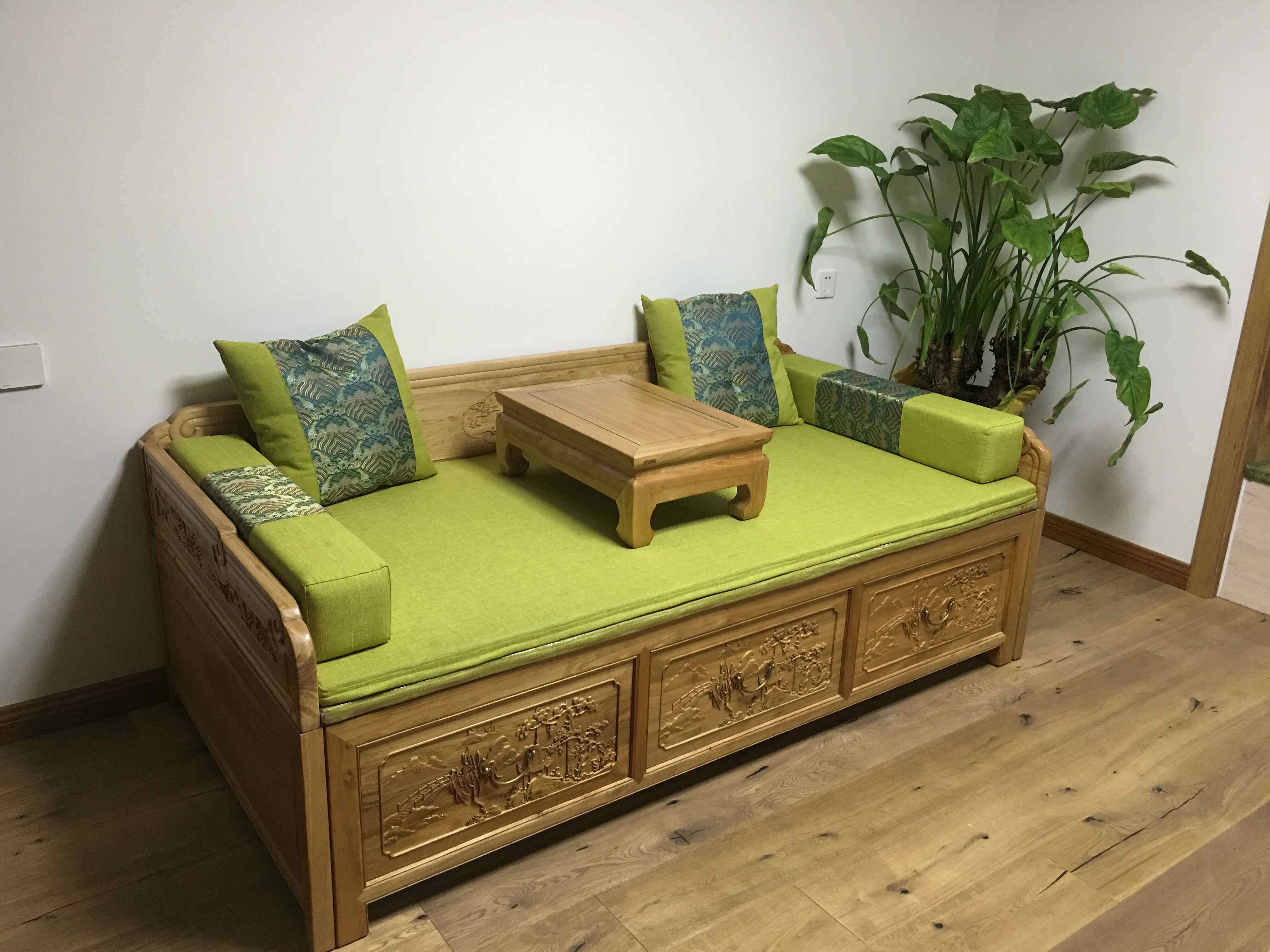 纯实木推拉床厚围板雕花老榆木床塌伸缩罗汉床新中式家具沙发榻椅