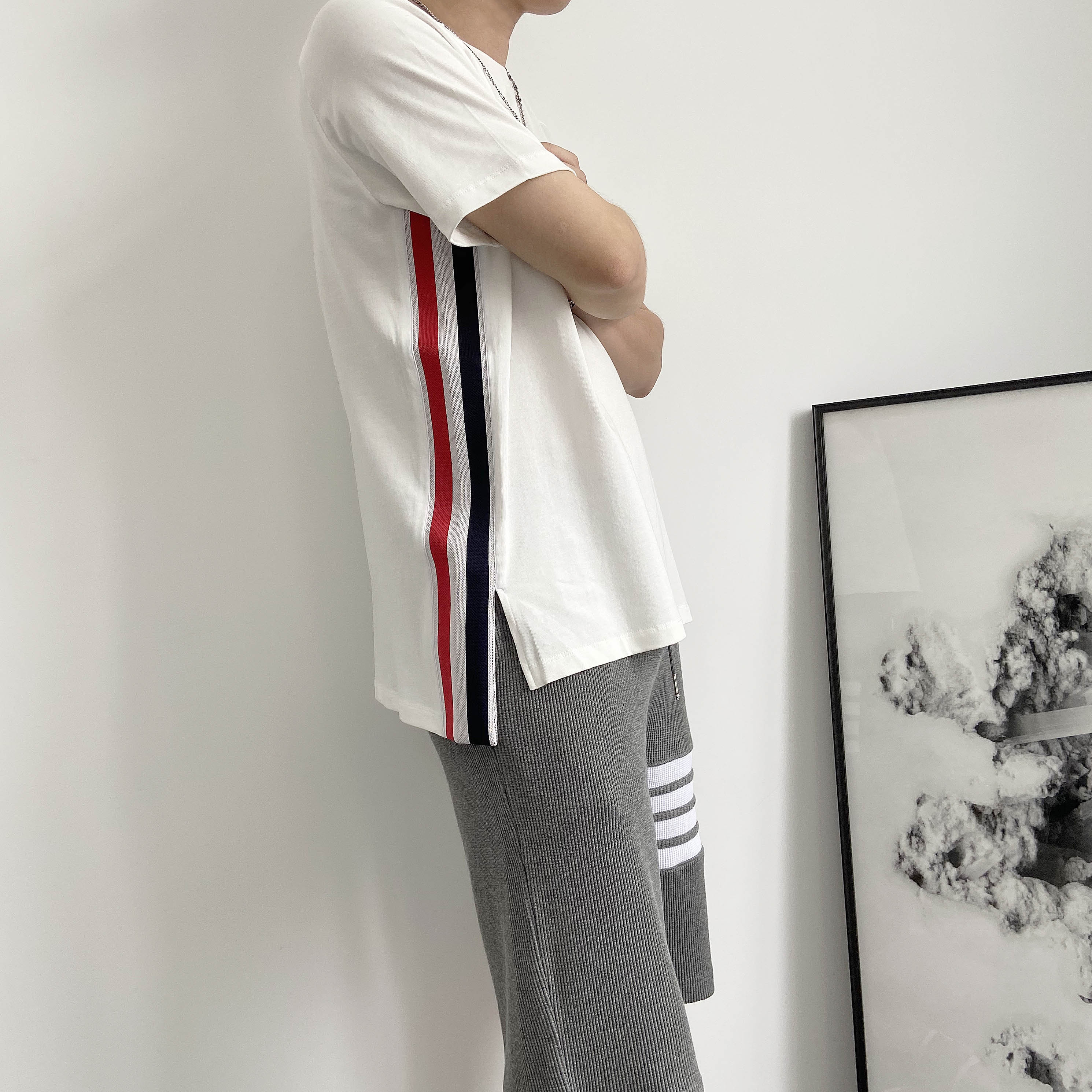 TB短袖t恤圆领红白蓝织带侧边彩条男女中性情侣宽松纯棉圆领基础