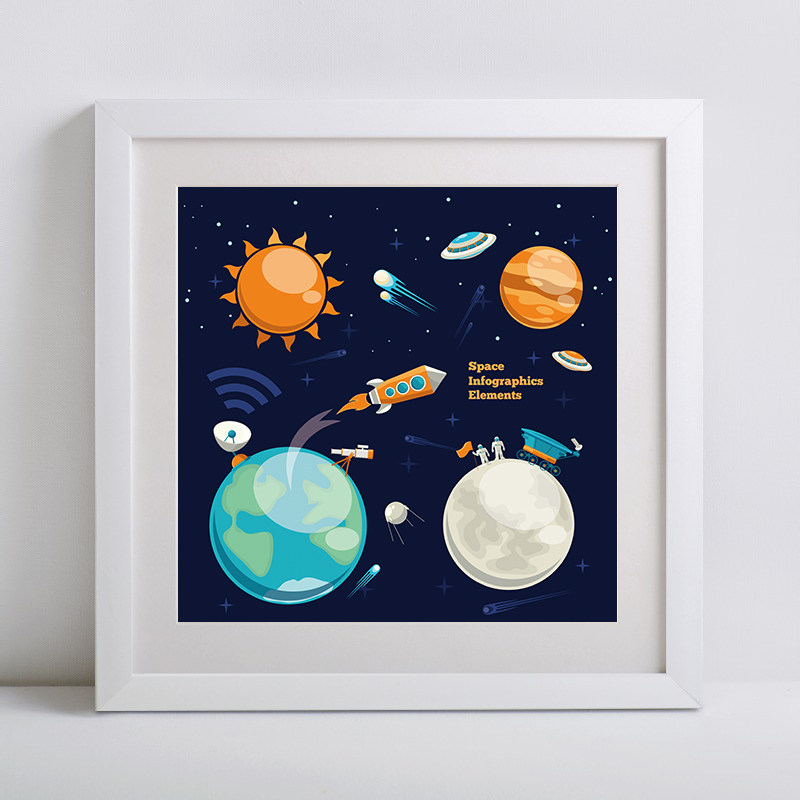 【星际迷航Ⅳ】卡通宇宙太空宇航员飞船碟教室幼儿园科技馆装饰画