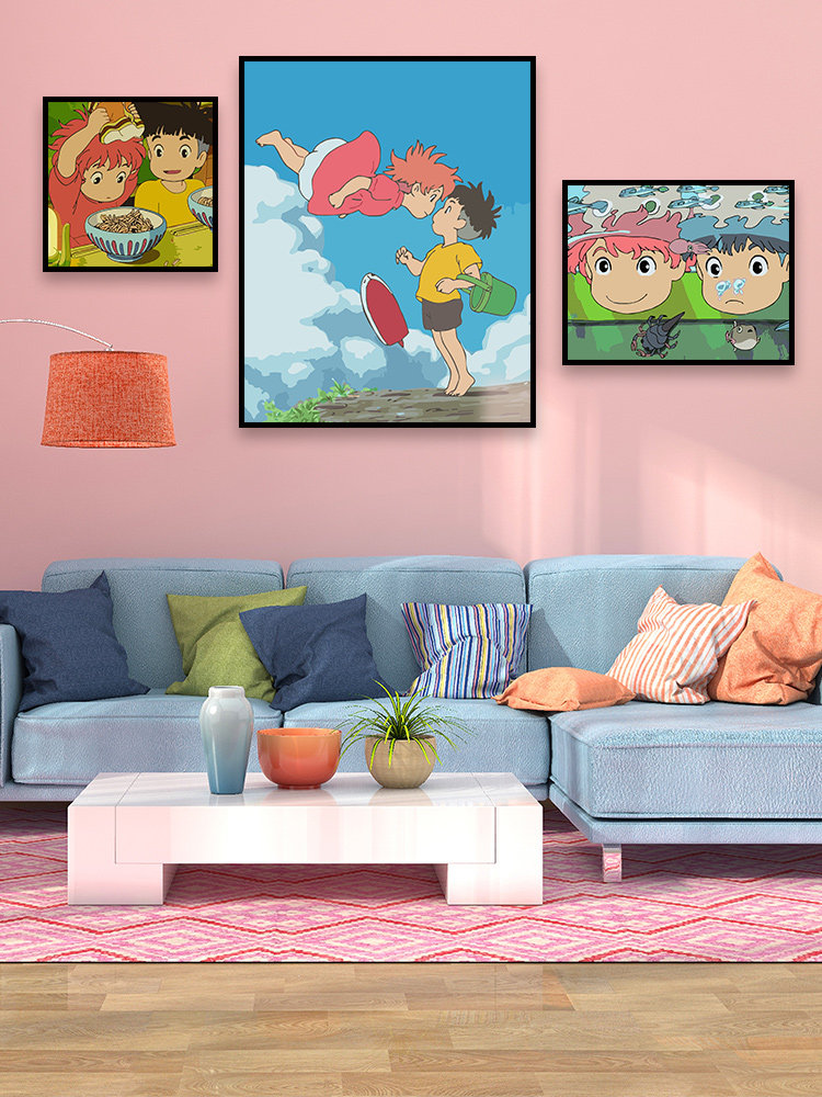 diy数字数字油画悬崖上的金鱼姬波妞与宗介手工填色宫崎骏油彩画