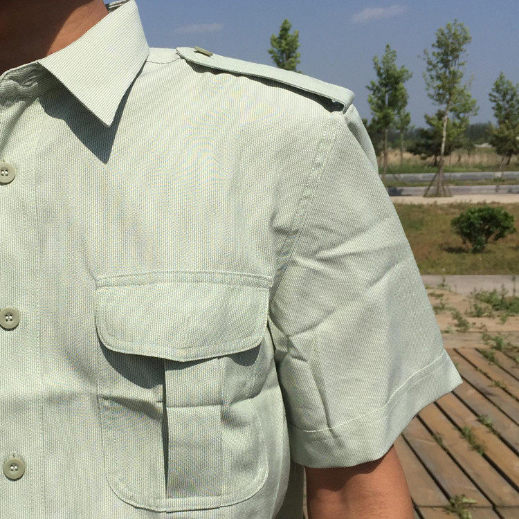 老式细条纹夹克衬衣夏天工作服浅绿色衬衫学生军训速干衬衣