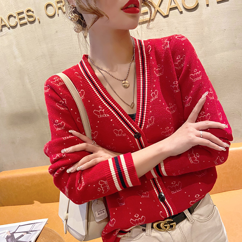 小香风外套春秋女2021年春款新款红色毛衣针织开衫女士上衣