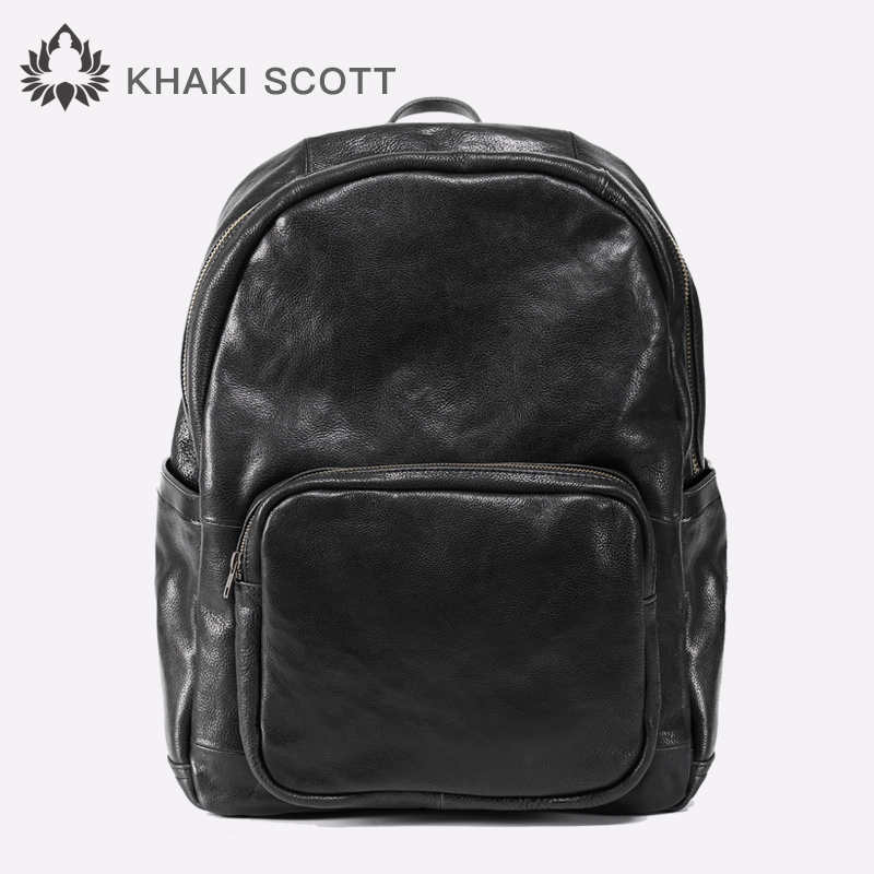 khaki scott/原创简约植鞣牛皮男士潮流双肩包书包复古电脑大背包