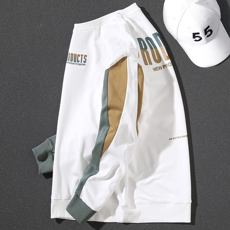 圆领卫衣男潮ins秋季慵懒风潮流长袖拼色印花复古宽松套头衫百搭