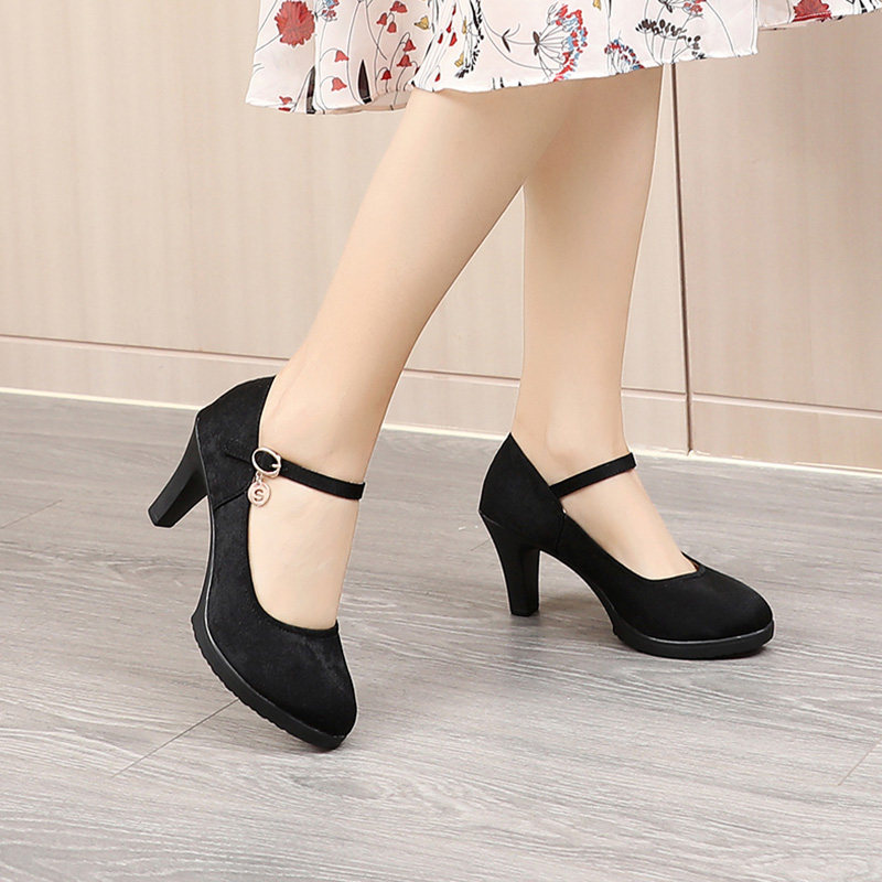 老北京布鞋高跟一字时尚工作鞋妈妈黑色工装上班跳舞单鞋
