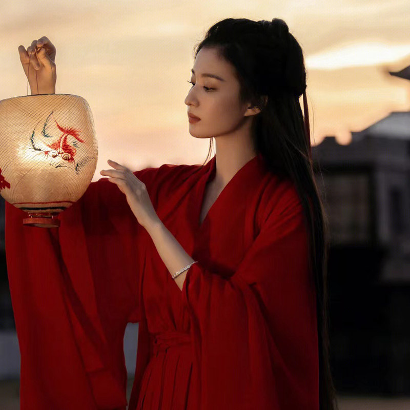 2023新款红色汉服女魏晋风武侠古装飘逸中国古风舞蹈演出服装春季