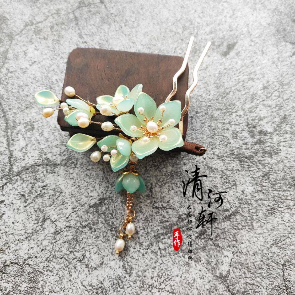 暮春美人原创手工琉璃珍珠发簪插梳步流苏汉服发饰