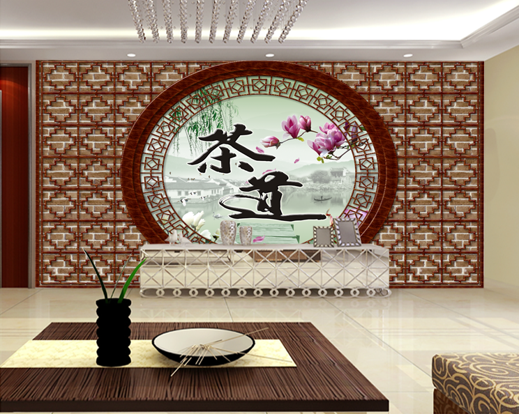 背景墙中式复古窗格茶馆茶道茶艺装饰画茶叶壁纸定制壁画