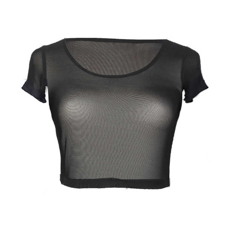 短款打底丝网蕾丝半截纱衣薄款低领内搭罩衫t恤
