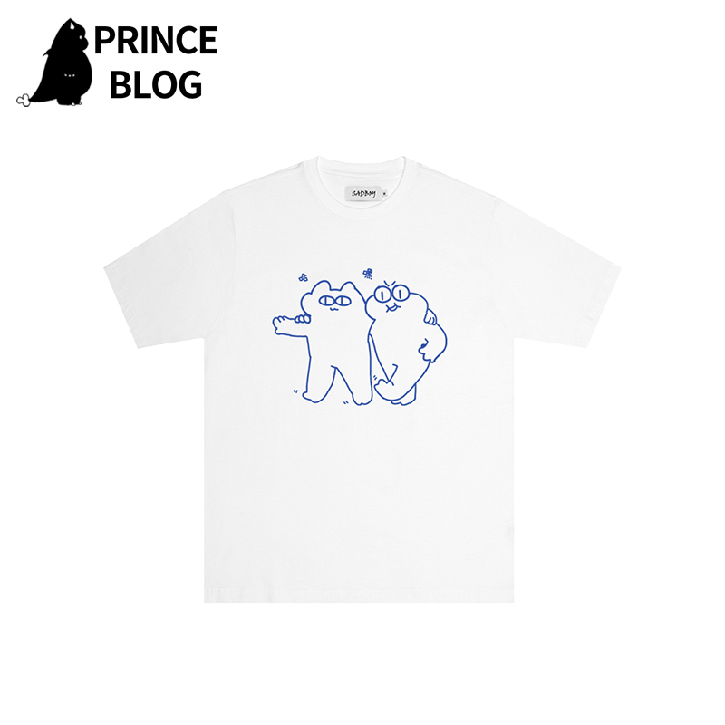PrinceBlog童话镇原创蓝线动漫印花设计手绘可爱宽松打底短袖T恤