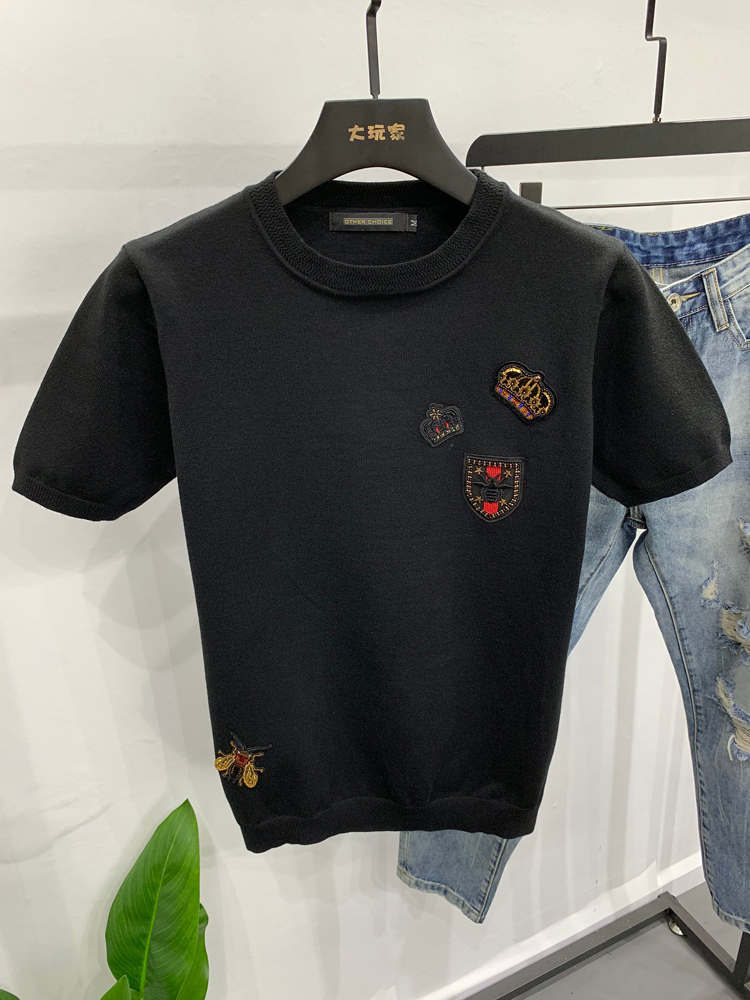 原创社会男士紧身短袖毛衣绣标打底衫秋冬季大码圆领针织衫半袖帅