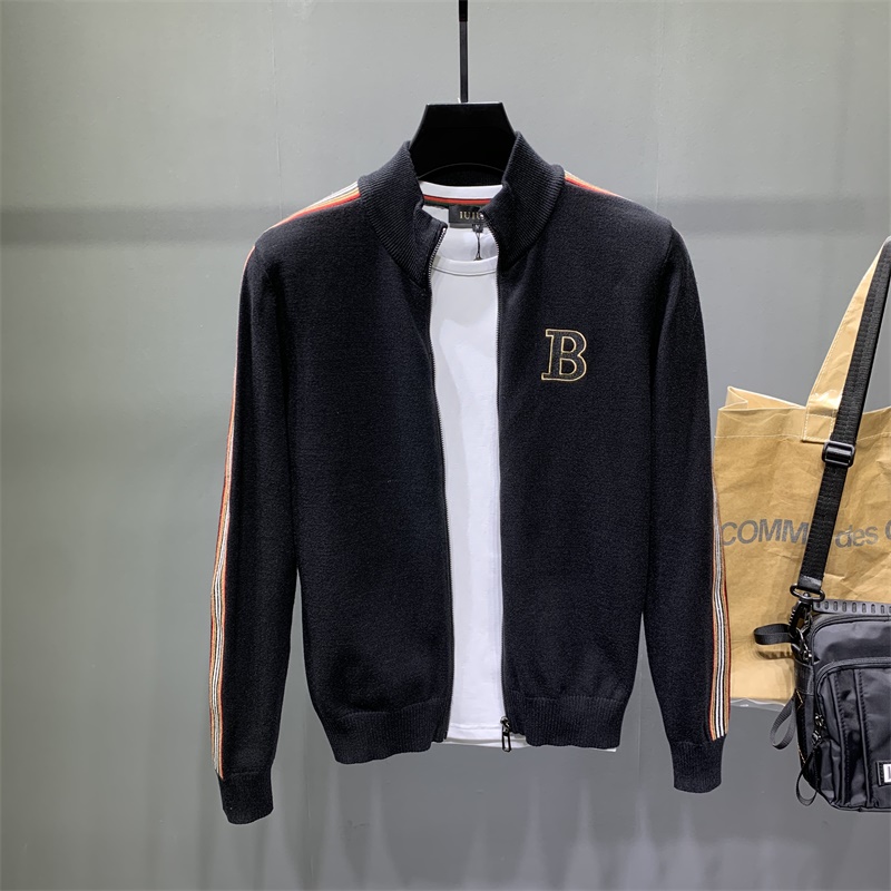 字母绣花男士开衫毛衣韩版修身立领拉链针织夹克条纹撞色外穿上衣