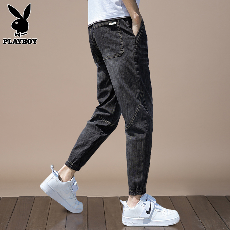 花花公子九分束脚牛仔裤男士春季新款潮牌潮流休闲宽松长裤子男裤