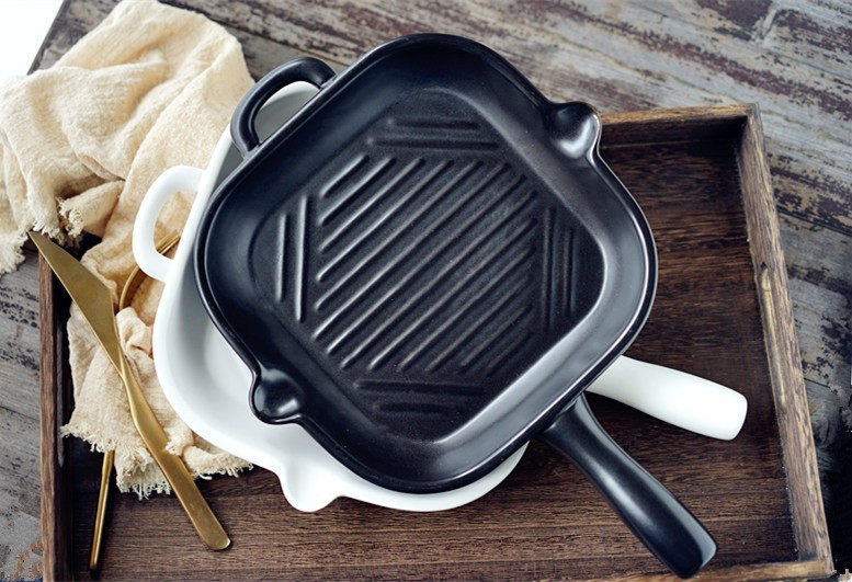 出口棱格陶瓷平底锅牛排煎锅明火烤箱通用焗饭煎锅