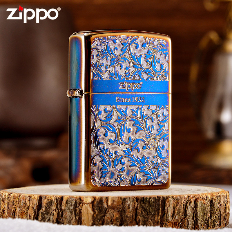 zippo打火机正品幸运唐草熏金烤蓝黄铜编号芝宝zippo